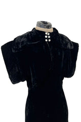 Stunning 1930s Black Silk Velvet Bias Cut Dress w Top Stitched Sleeves & Silver Glitter Buttons