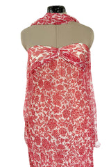 1982 Guy Laroche Haute Couture Floral Print Silk Chiffon Strapless & Caped Back Dress