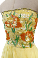 Spring 1977 Jean Louis Scherrer Haute Couture Strapless Floral Sequin Silk Dress w Matching Silk Cape