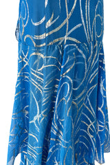 Extraordinary Fall 1979 Christian Dior by Marc Bohan Blue Silk Dress w Metallic Gold & Silver Detail