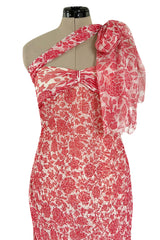 1982 Guy Laroche Haute Couture Floral Print Silk Chiffon Strapless & Caped Back Dress