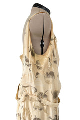 Rare & Beautiful 1920s E. L. Mayer Pale Gold Silk Flapper Dress w Lame & Rhinestone Detailing