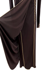Museum Held 1970s Bill Gibb Deep Brown Liquid Jersey Dress w Metal Buttons & Extensive Beading