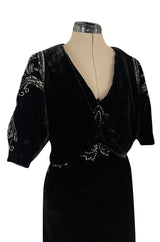 Rare 1920s 1930s Unlabeled Silk Velvet Dress w Rhinestones & Matching Open Shoulder Jacket