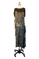 1920s Blue Silk Devore Beaded Flapper