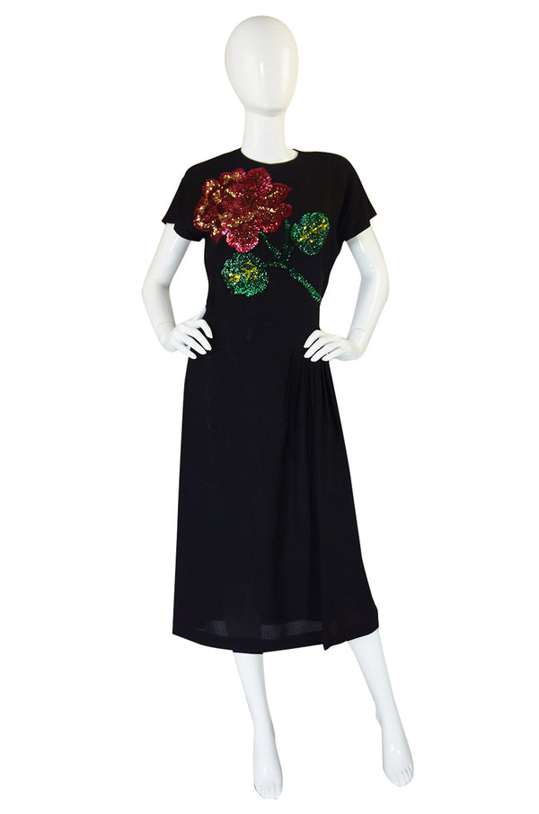 1940s SIlk & Sequin Flower Swing Dress