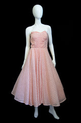 1950s Pink Embroidered Strapless Dress