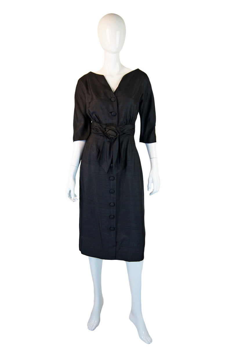 1950s Pretty Raw Silk Black Day Dress