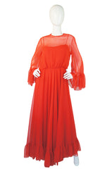 1970s Red Chiffon I Magnin Maxi Dress