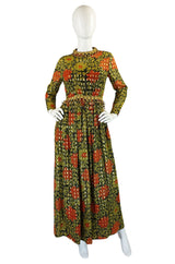 1970s Metal Ring Metallic Silk Maxi Dress