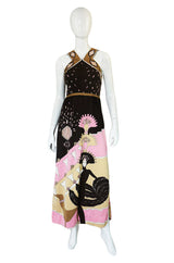 1970s Pink Printed Halter Paganne Dress