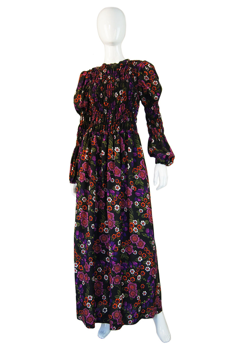 1970s Printed Floral Smocked Maxi Dress