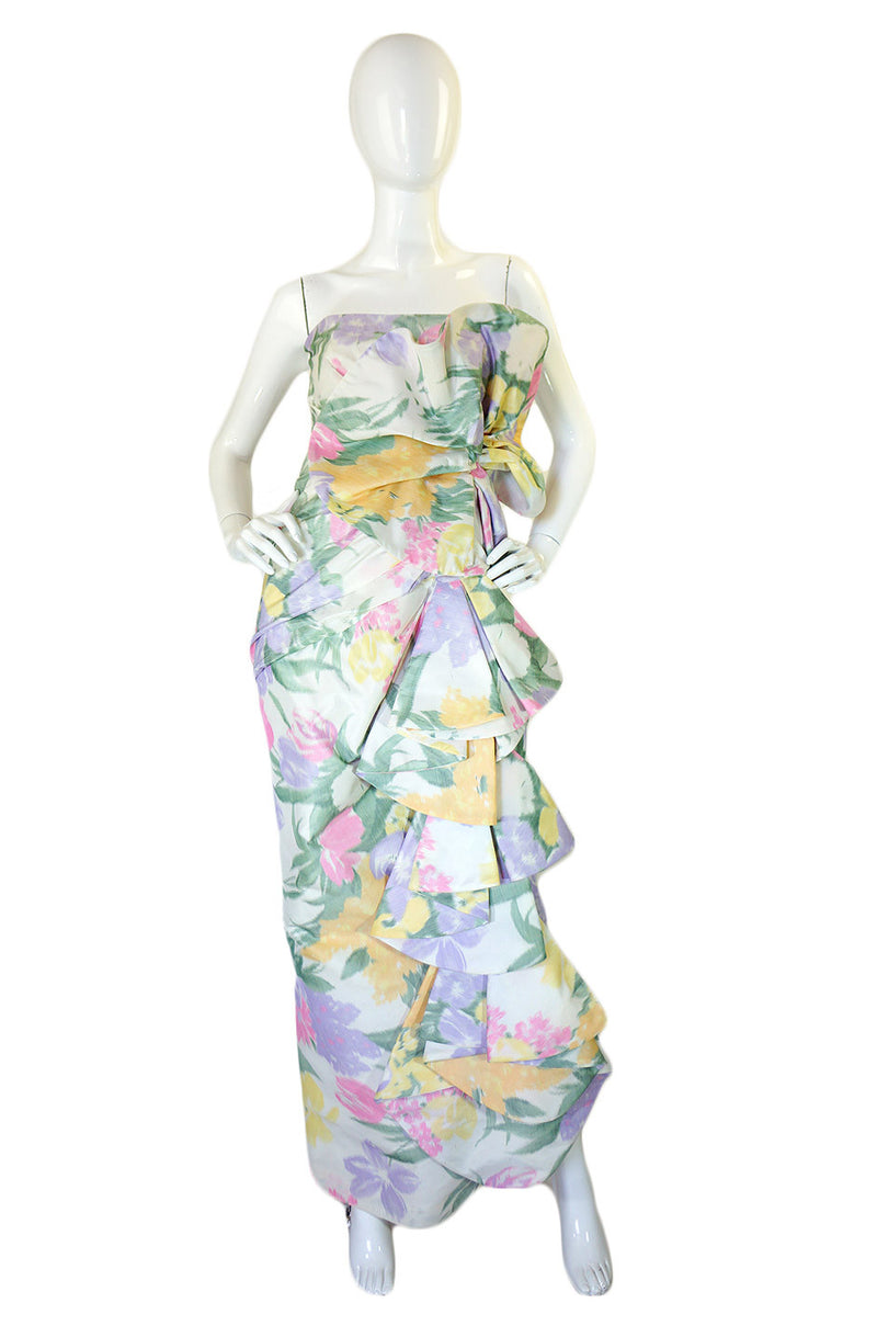 1980s Strapless Ruffled Pastel Silk Mignon Gown
