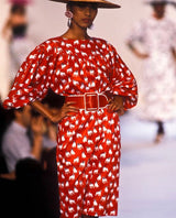 Iconic Spring 1987 Yves Saint Laurent Runway French Bulldog Printed Red Dress
