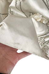 Gorgeous 1950s Emma Domb Ivory Matte Satin Dress w Sequin & 3D Flower Detailing