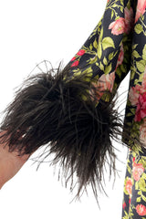 Gorgeous 1950s Fused Chenille Flowers on Silk Dress w Ostrich Feather Trim Jacket