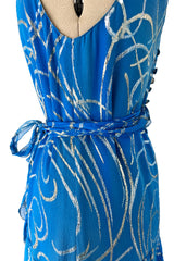 Extraordinary Fall 1979 Christian Dior by Marc Bohan Blue Silk Dress w Metallic Gold & Silver Detail