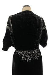 Rare 1920s 1930s Unlabeled Silk Velvet Dress w Rhinestones & Matching Open Shoulder Jacket