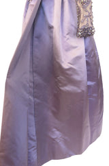 1960s George Halley Couture Lavender Silk Satin Dress w Heavily Detailed Crystal & Rhinestone Bodice
