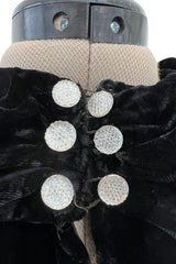 Stunning 1930s Black Silk Velvet Bias Cut Dress w Top Stitched Sleeves & Silver Glitter Buttons
