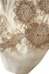 Incredible 1950s Ceil Chapman Ivory Silk Satin Dress w Gold Metal Ribbon Detailing