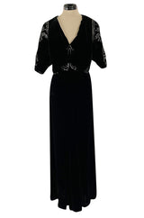 Rare 1920s 1930s Unlabeled Silk Velvet Dress w Rhinestones & Matching Open Shoulder Jacket