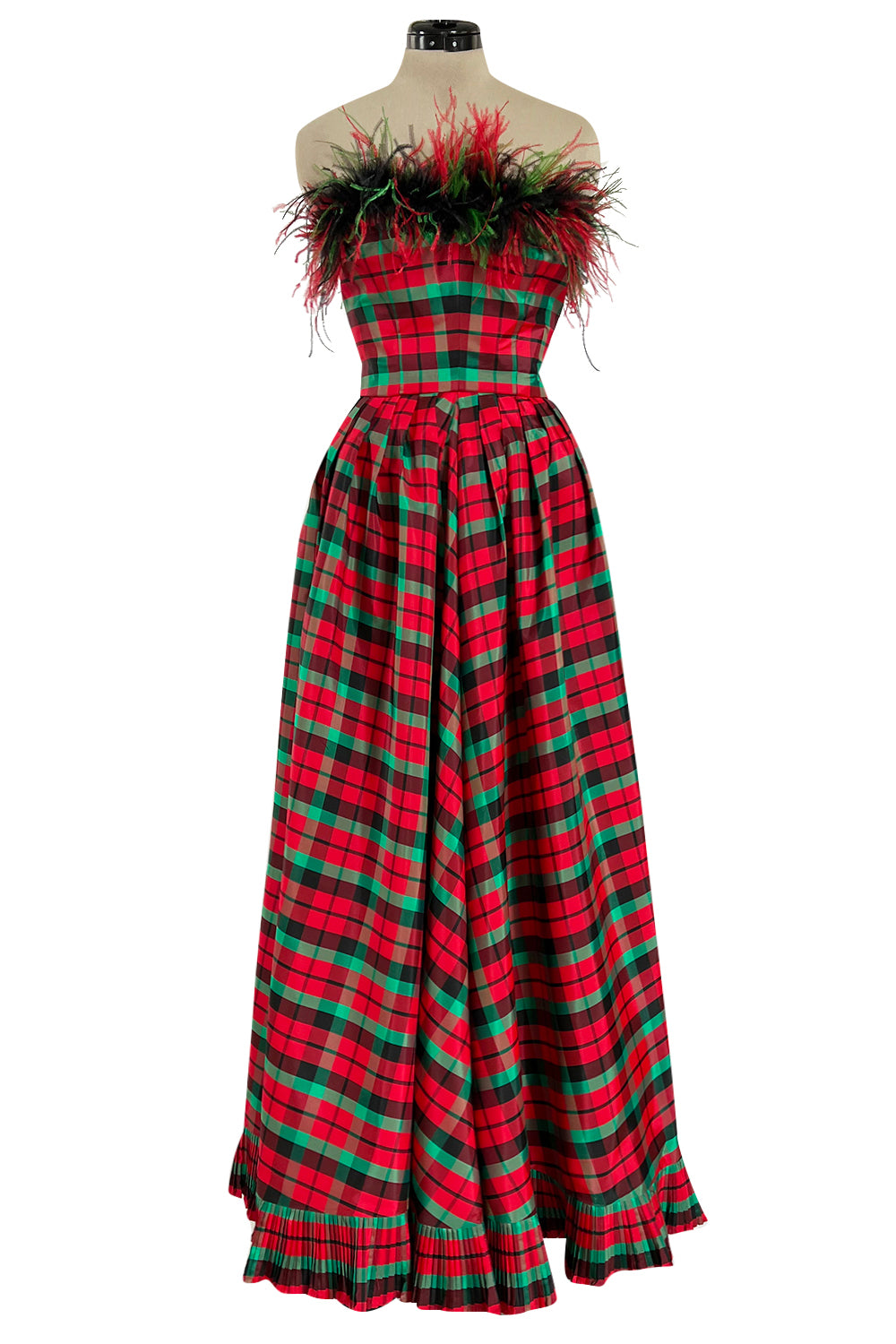 Gorgeous 1980s Victor Costa Silk Taffeta Plaid & Feather Strapless Dre   Shrimpton Couture