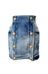 Resort 2015 Balmain Military Inspited Gold Button Denim Mini Skirt Skirt