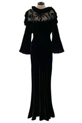 Gorgeous 1930s Bias Cut Silk Velvet Dress w Silk Mesh & Applique Detailing & Incredible Sleeves