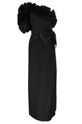 1980s Morton Myles Dramatic Ruffled and Bowed One Shoulder Dress