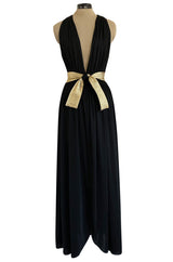 Documented 1981 Bill Tice Plunge Front Black & Gold Backless Nylon Jersey Halter Dress
