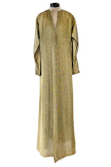 Fantastic 1970s Halston Metallic Gold Lame Lurex Full Length Caftan Dress w Notched Neckline
