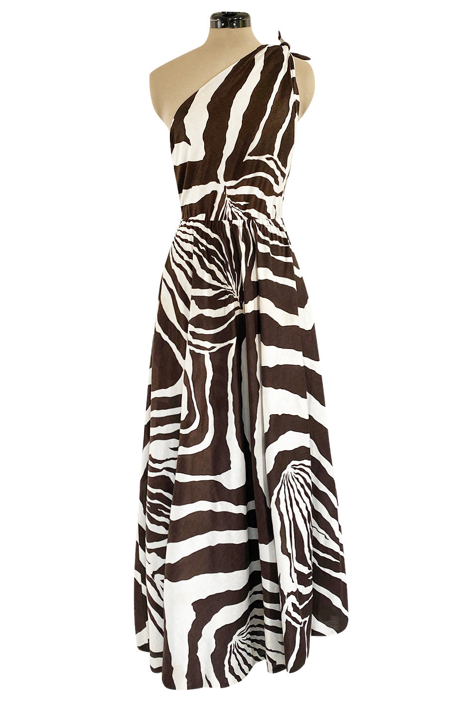 Bold c 1975 Halston One Shoulder Brown & White Zebra Print Full Skirte Shrimpton Couture Bold c 1975 Halston One Shoulder Brown & White Zebra Print Full Skirte Shrimpton Couture