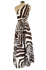 Bold c 1975 Halston One Shoulder Brown & White Zebra Print Full Skirted Cotton Dress