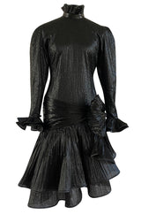 1980s Salvadori Albani Couture Black Textured Silk Lame & Plisse Finish Drop Waist Dress