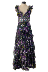 Prettiest Spring 2010 Oscar de la Renta Purple Silk Chiffon Ruffle Dress w Jewel Waistband