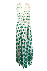 c.1972 Pauline Trigere Graduated Green Dots on Bias Cut Silk Dress
