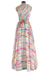 Spectacular 1970s Oscar de la Renta One Shoulder Lightweight Chiffon Rainbow Stripe Dress