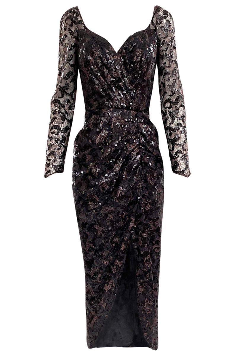 1980s Vicky Tiel Couture Fitted Metallic Net Dress w Extensive Black Sequin Detailing