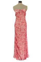 1982 Guy Laroche Haute Couture Floral Print Silk Chiffon Strapless & Caped Back Dress