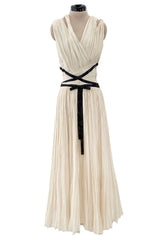 Spring 2012 Christian Dior Runway Ivory Silk Chiffon Dress w Black Beaded Bow Detail