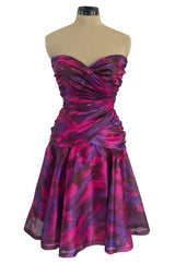 1980s Loris Azzaro Couture Strapless Deep Pink & Purple Printed Silk Mini Dress w Flare Skirt