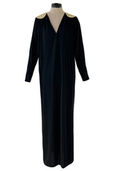 Easy to Wear 1980s Bill Tice Black Jersey Caftan Feel Dress w Gold Shoulder Detail