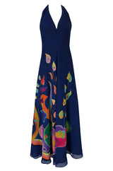 c.1972 Unlabeled Karl Lagerfeld Chloe Hand Painted Halter Dress & Scarf