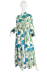 1960s Blue Floral Printed George Halley Silk Gown