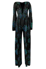 c. 1974 Ossie Clark Celia 'One Step Two Step' Celia Birtwell Print Black Jumpsuit