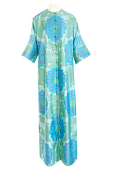 Gorgeous 1970s Pierre Balmain Soft Green and Blue Printed Thai Silk Caftan Dress or Evening Coat