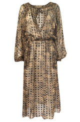 1970s Holly's Harp Silk Ribbon Chiffon Taupe & Black Print Dress