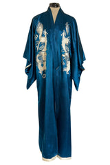 Decadant 1920s Unlabeled Deep Blue Silk Kimono w Hand Embroidered Dragons