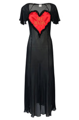 1990s Moschino Love Me Baby Red Heart on Black Net Lingerie Dress